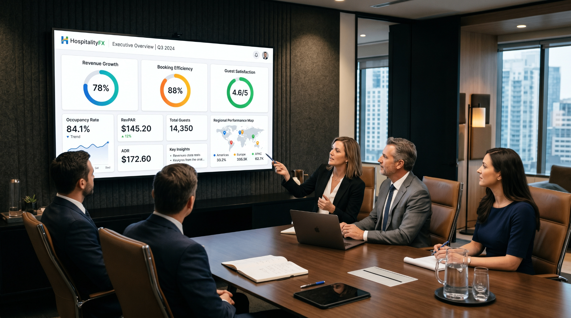 HospitalityFX executive dashboard in a hotel chain boardroom — Revenue Growth, Booking Efficiency, Guest Satisfaction, Occupancy Rate, RevPAR, ADR, Total Guests, Regional Performance Map. Hotel audit intelligence and hospitality analytics for global hotel brands.
