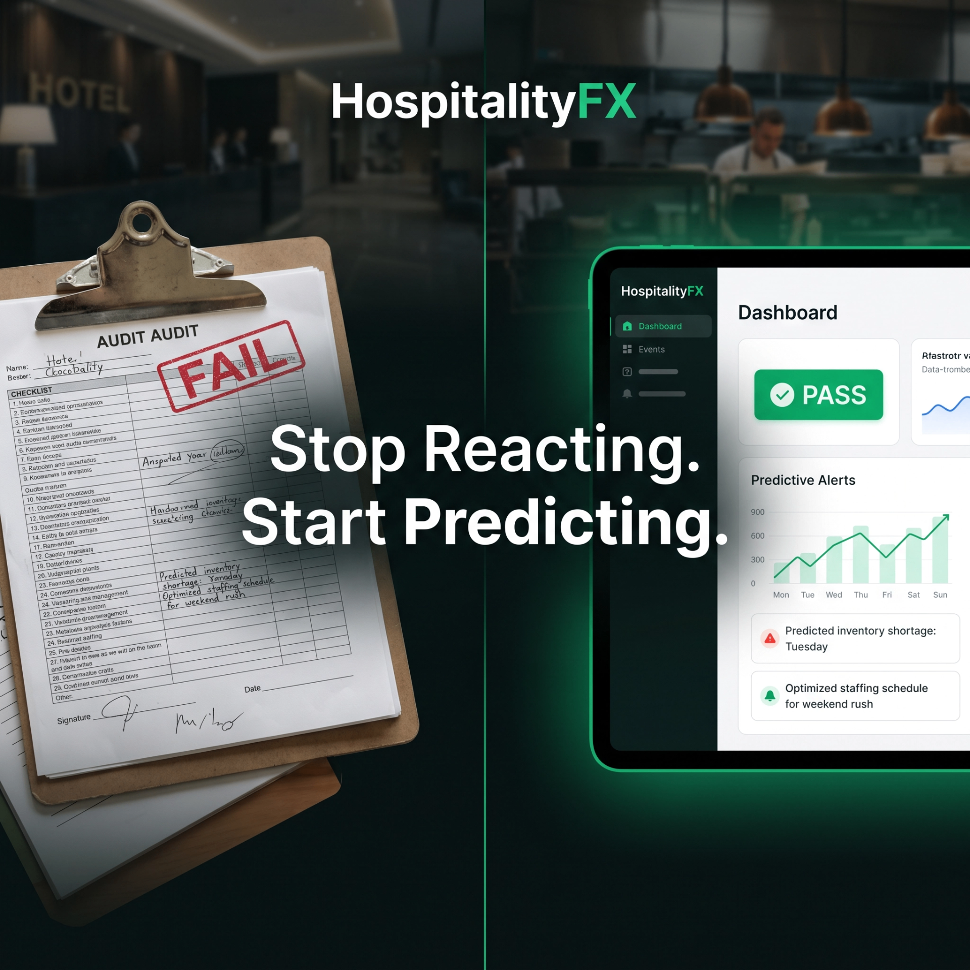 HospitalityFX — Stop reacting, start predicting. Predictive audit intelligence for hotel chains: hospitality audit, hotel IT audit, operations audit, engineering audit, F&B audit, restaurant audit, rooms audit, brand audit, mystery shopper.