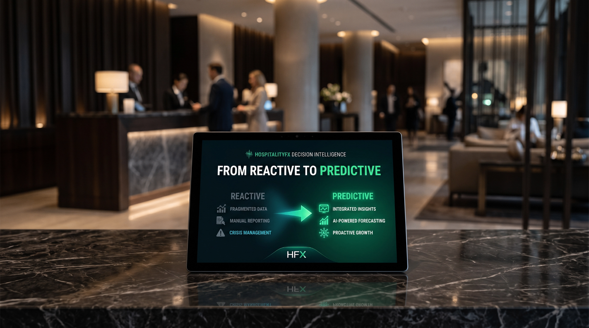 HospitalityFX Decision Intelligence — From Reactive to Predictive. Fragmented data, manual reporting and crisis management transformed into integrated insights, AI-powered forecasting and proactive growth. Hotel decision intelligence, predictive hotel analytics and AI hospitality forecasting.